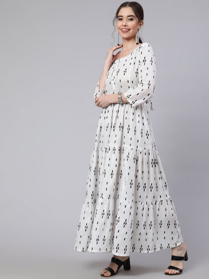 Off White Ikat Printed Flared Dress With Three Quarter Sleeves