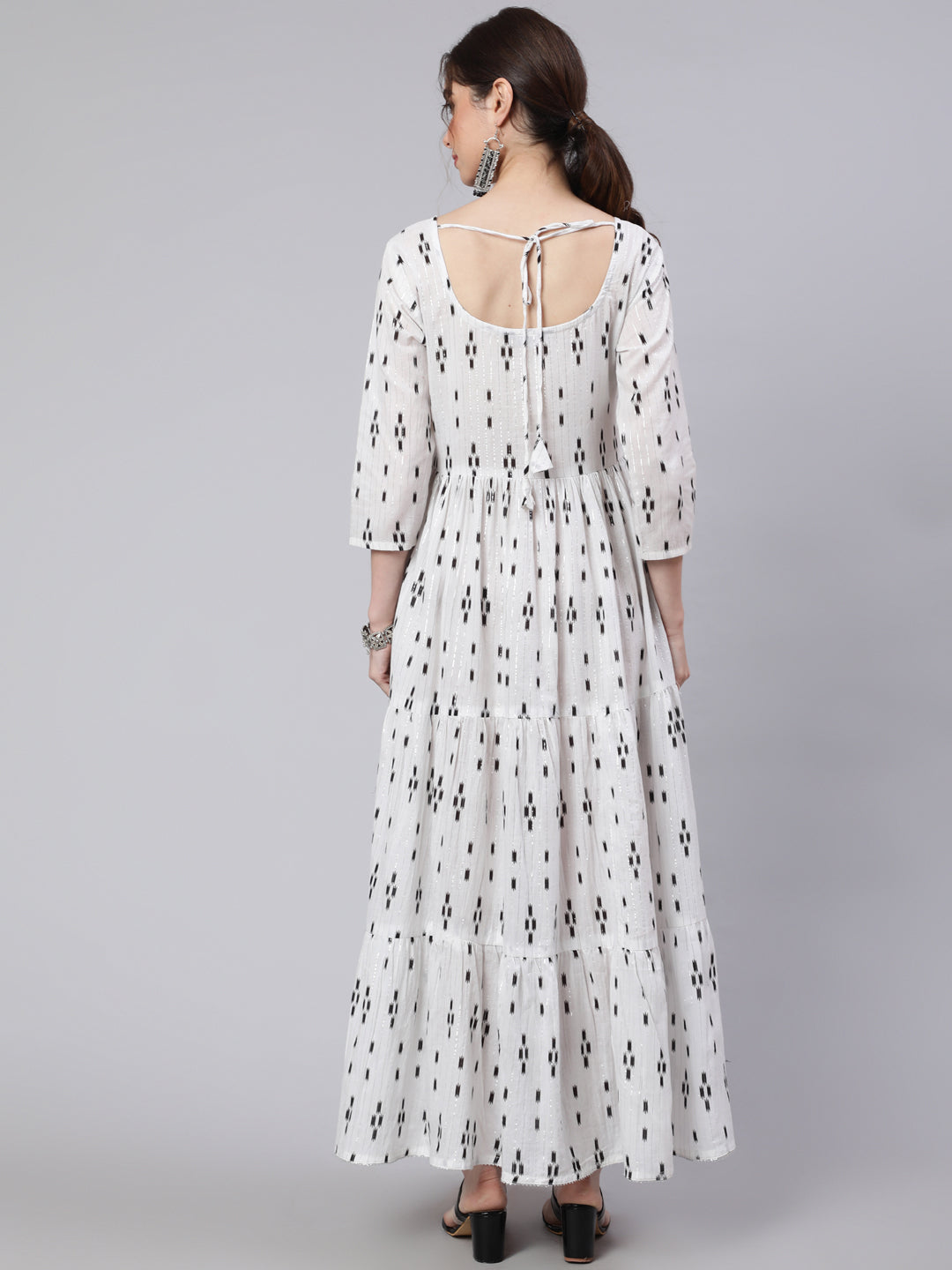 Off White Ikat Printed Flared Dress With Three Quarter Sleeves
