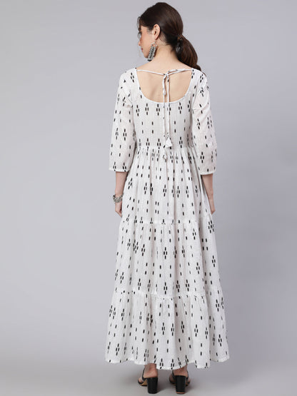 Off White Ikat Printed Flared Dress With Three Quarter Sleeves