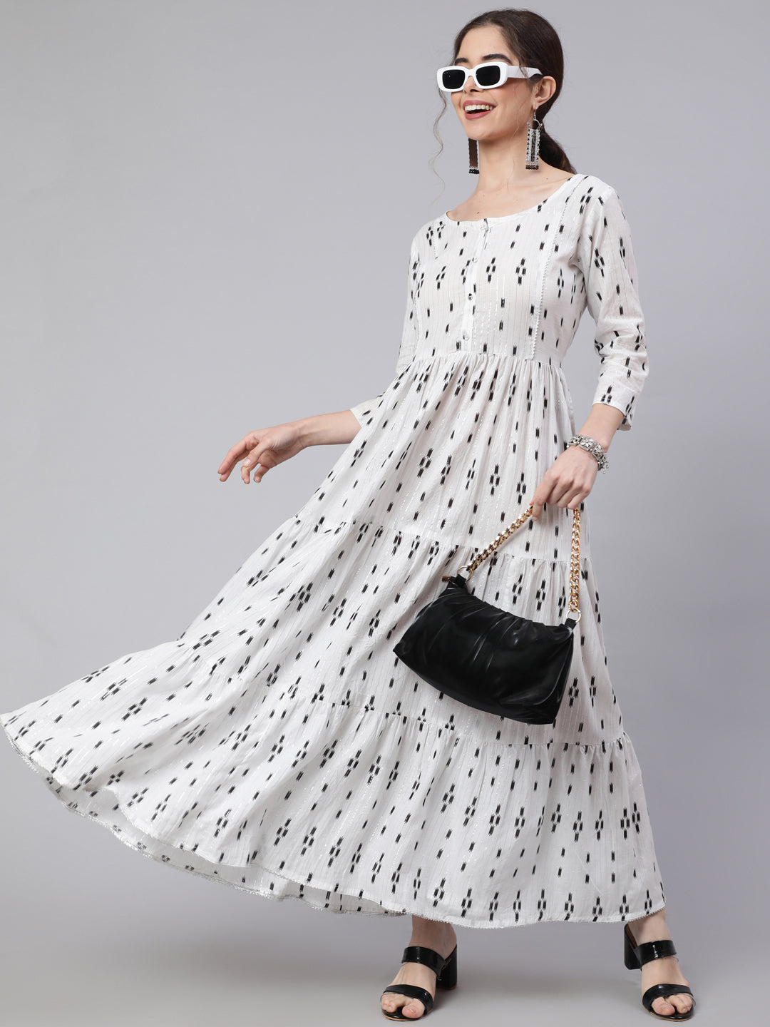 Off White Ikat Printed Flared Dress With Three Quarter Sleeves