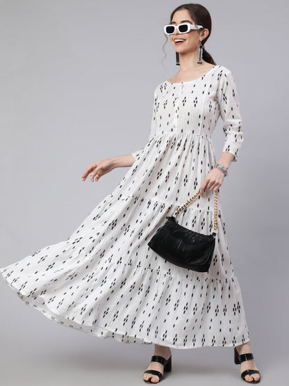 Off White Ikat Printed Flared Dress With Three Quarter Sleeves