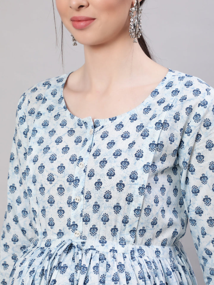 Women Off White &amp; Blue Floral Printed Maternity Dress With Three Quarter Sleeves
