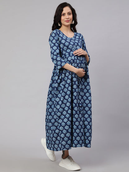 Women Blue Floral Printed Flared Maternity Dress