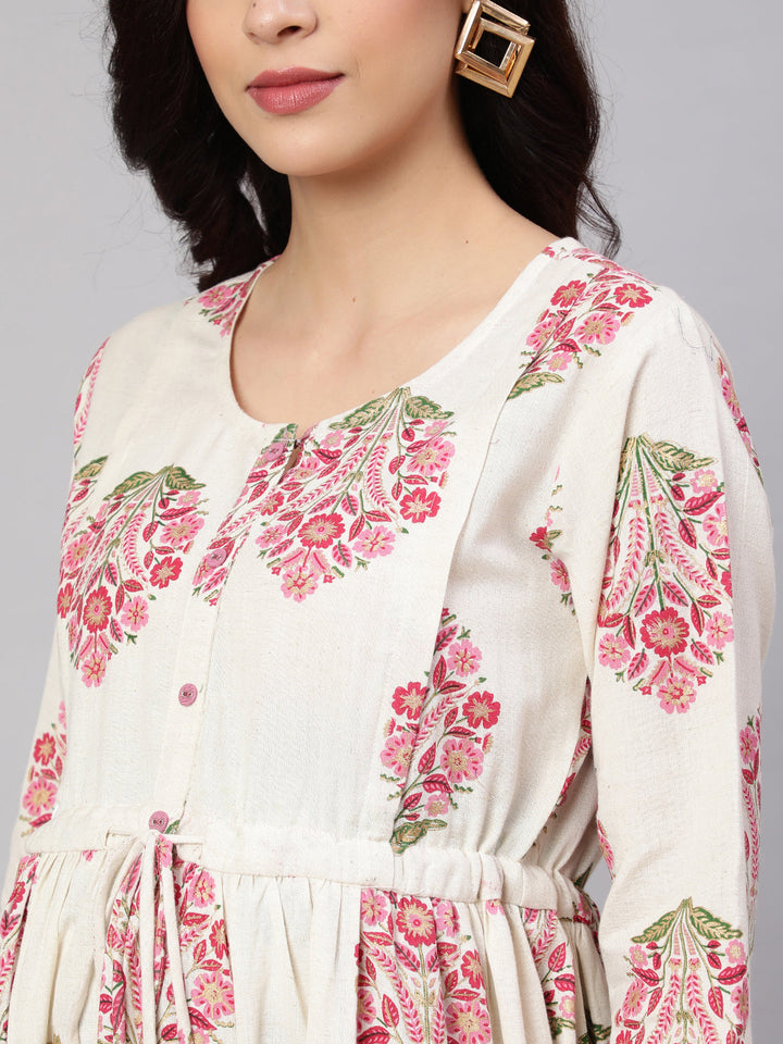 Women Off White &amp; Blue Floral Printed Maternity Dress With Three Quarter Sleeves