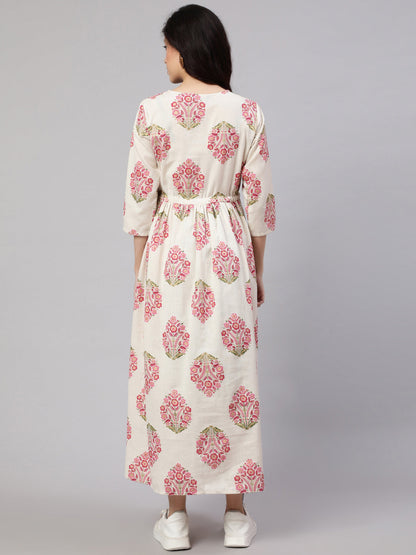 Women Off White & Blue Floral Printed Maternity Dress With Three Quarter Sleeves