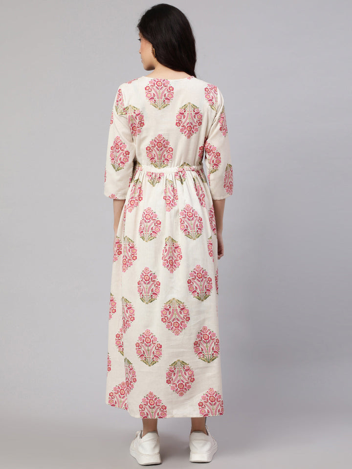 Women Off White &amp; Blue Floral Printed Maternity Dress With Three Quarter Sleeves