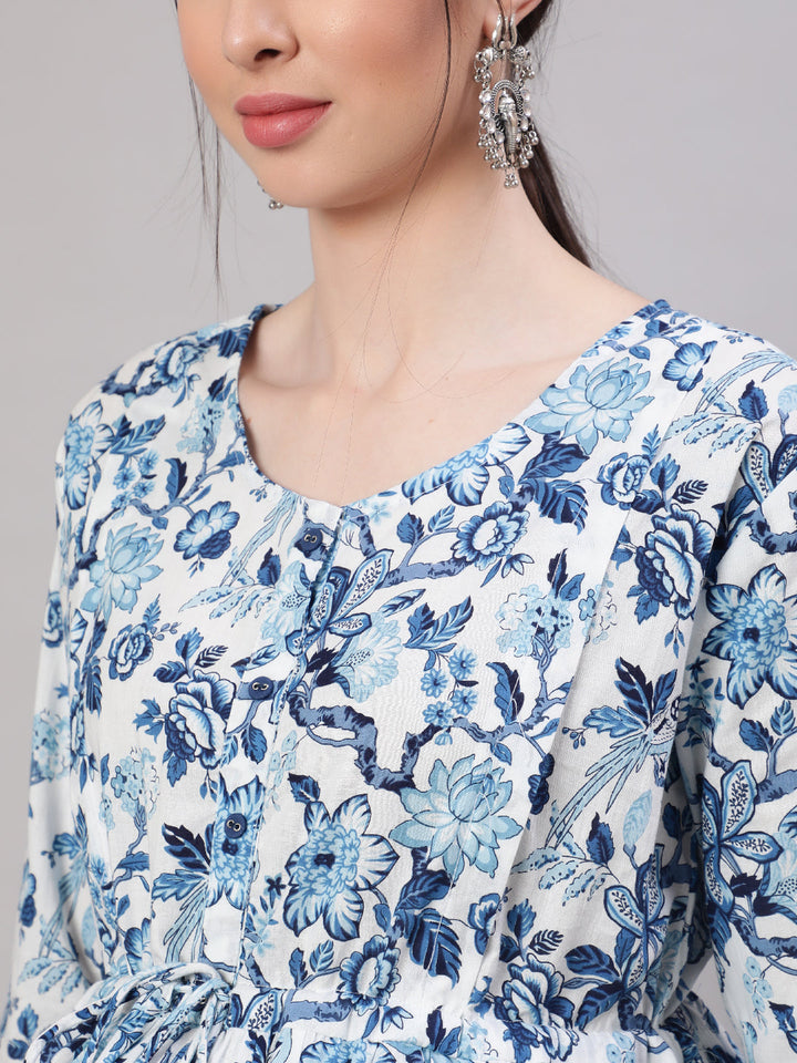 Women Off White &amp; Blue Floral Printed Maternity Dress With Three Quarter Sleeves