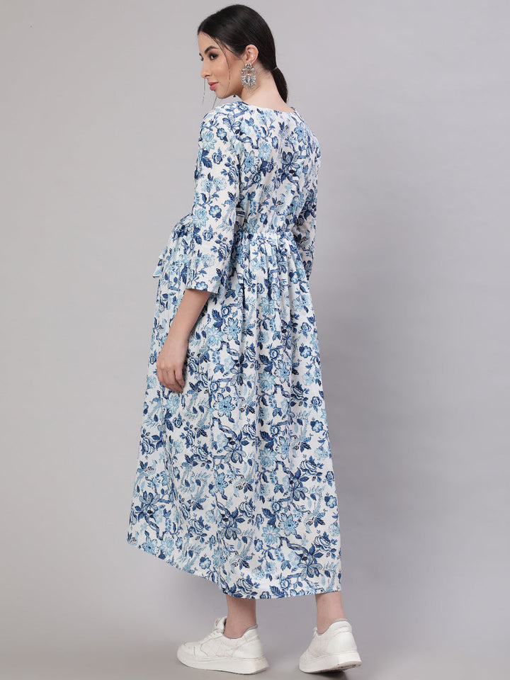 Women Off White &amp; Blue Floral Printed Maternity Dress With Three Quarter Sleeves