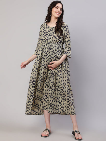 Beige Printed Flared Maternity Dress