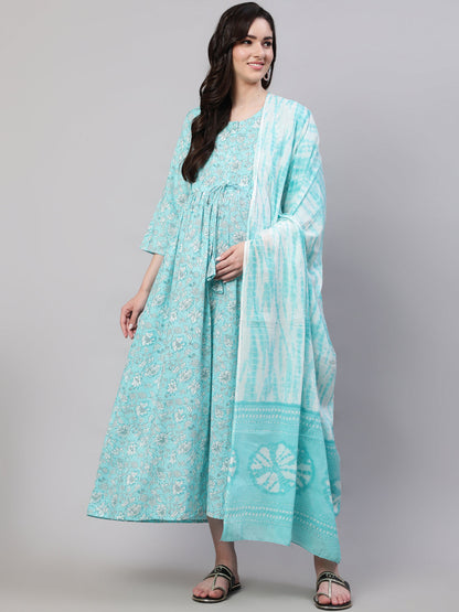 Blue Floral Printed Flared Maternity Dress With Dupatta