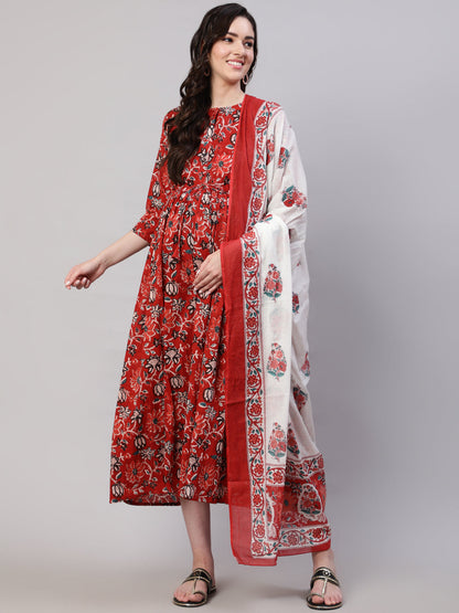 Maroon Printed Flared Maternity Dress With Dupatta