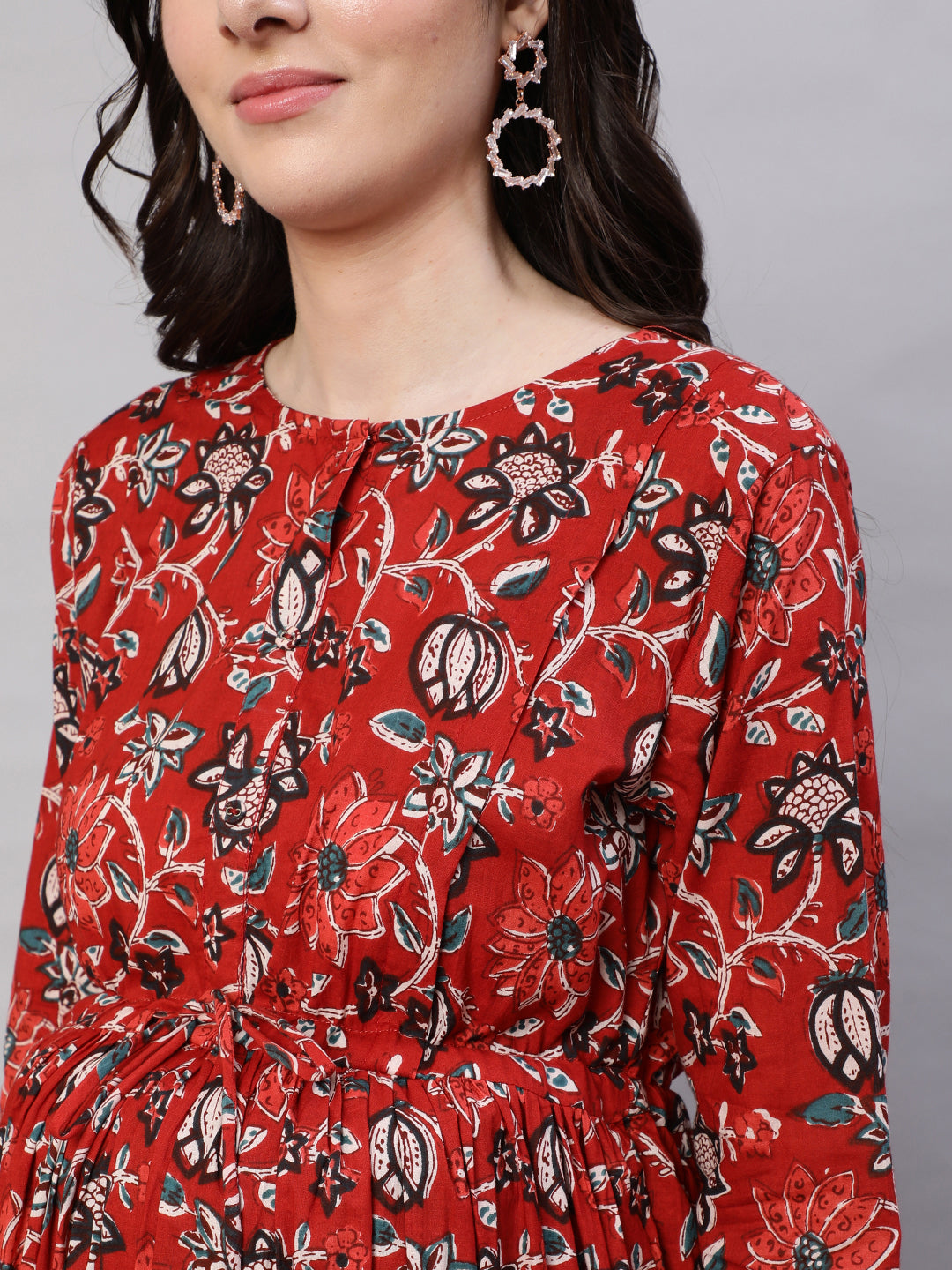 Maroon Printed Flared Maternity Dress With Dupatta