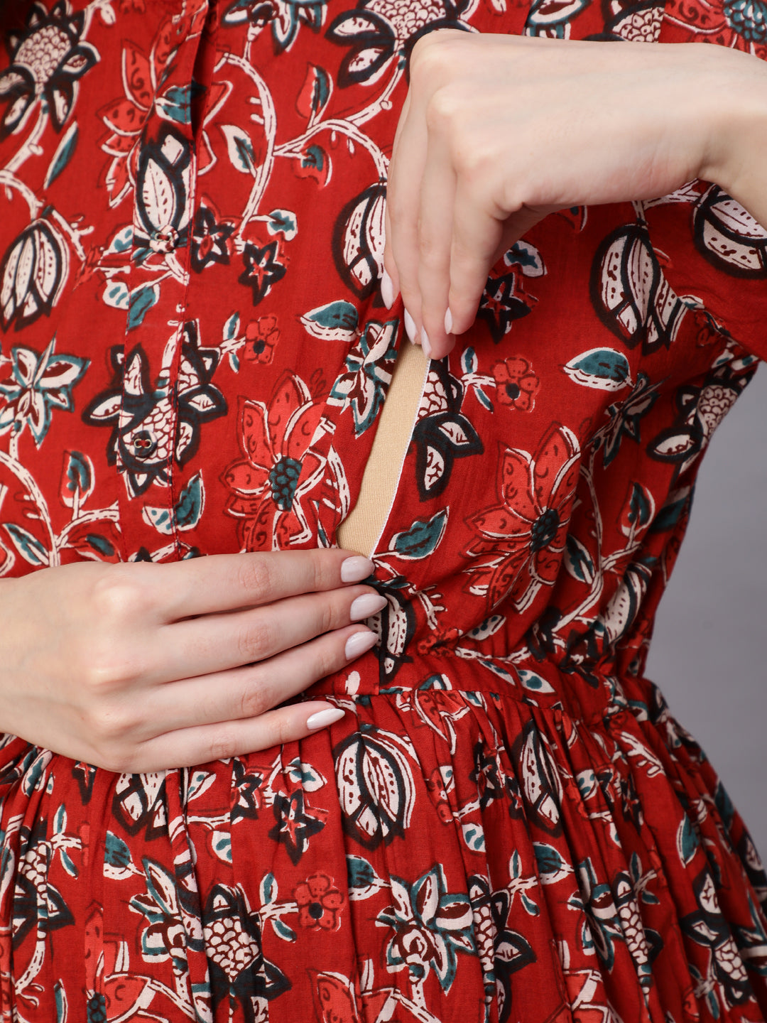 Maroon Printed Flared Maternity Dress With Dupatta