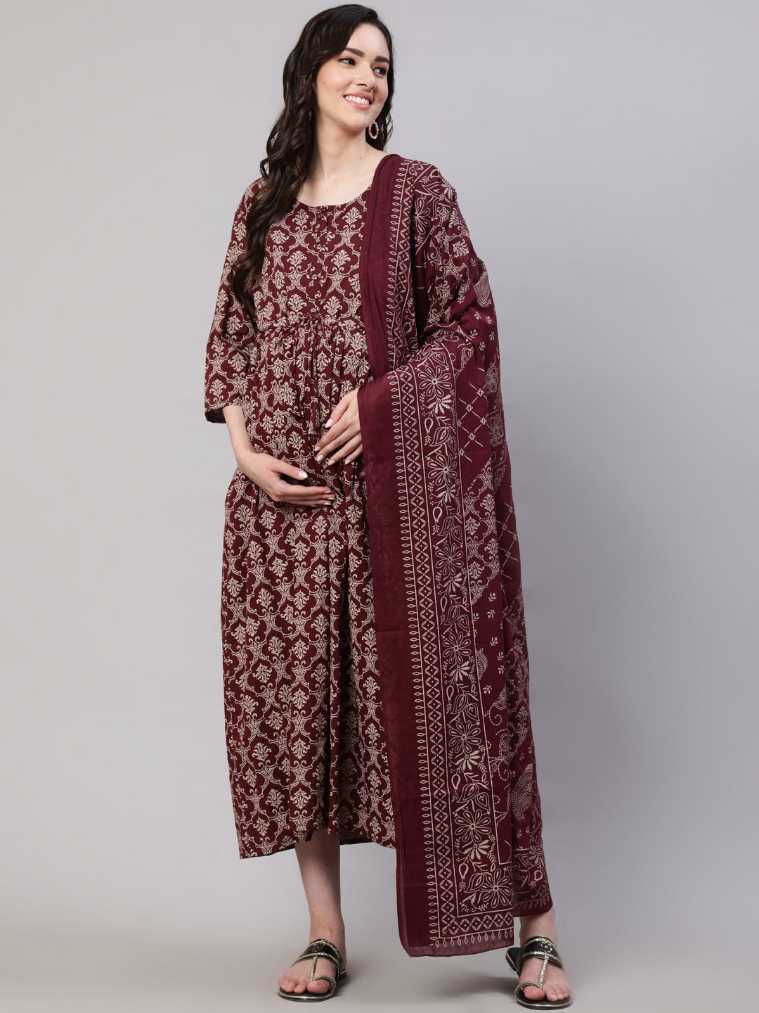Burgundy Printed Flared Maternity Dress Dupatta