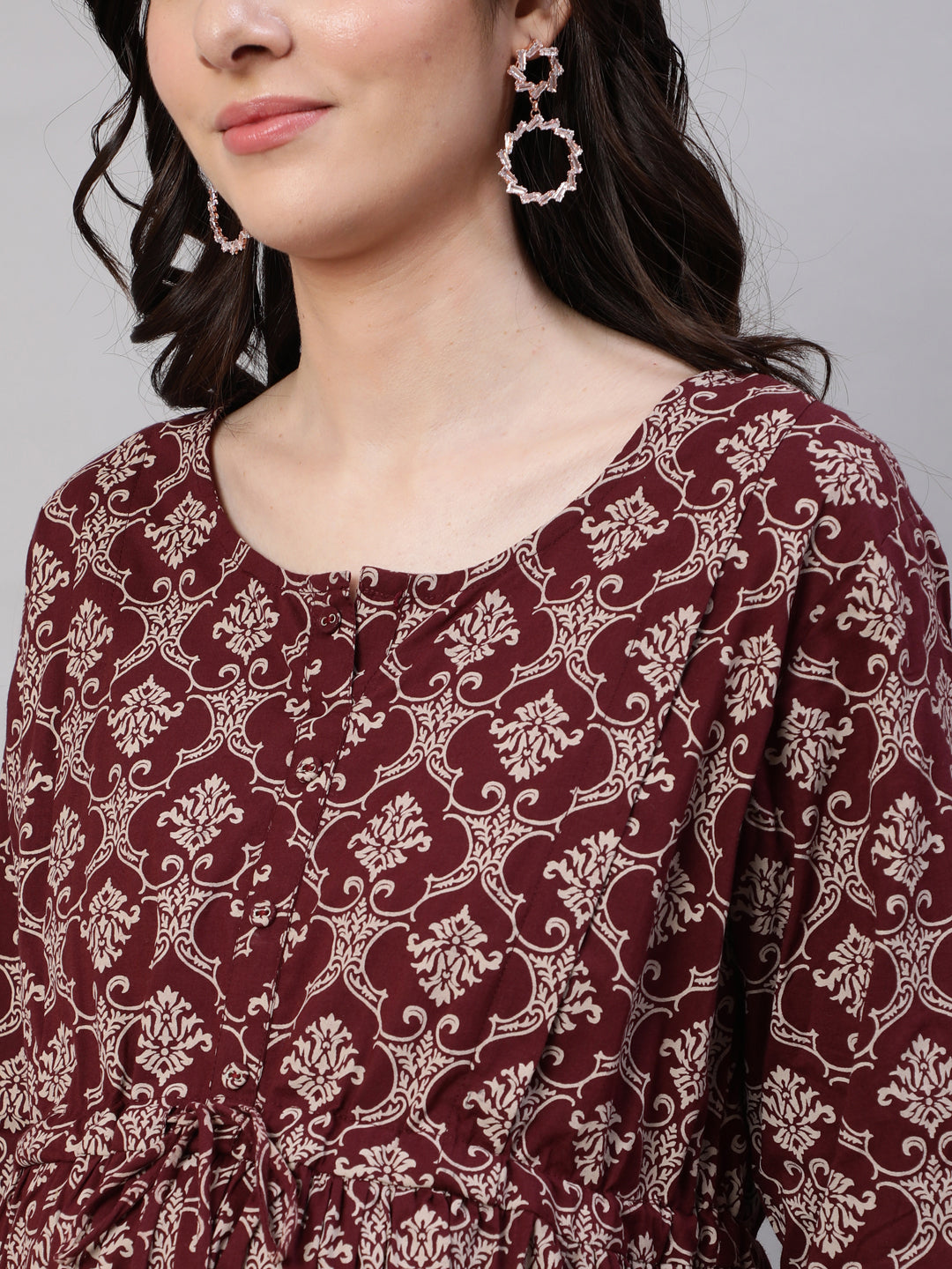 Burgundy Printed Flared Maternity Dress Dupatta