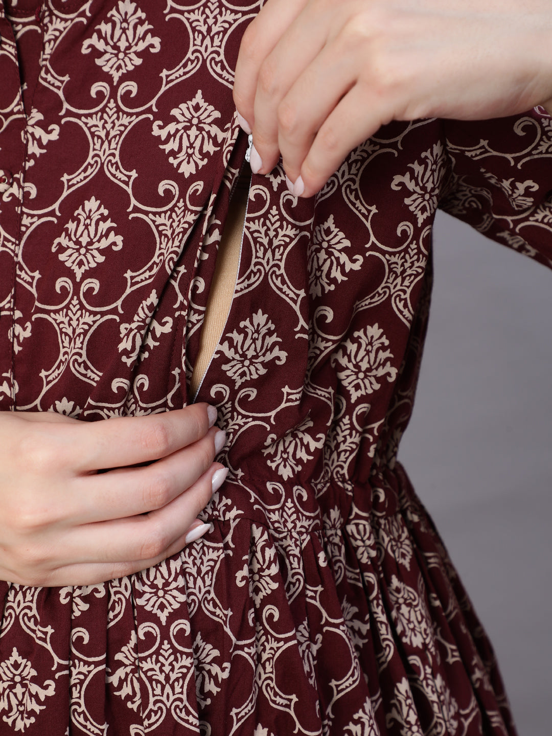 Burgundy Printed Flared Maternity Dress Dupatta