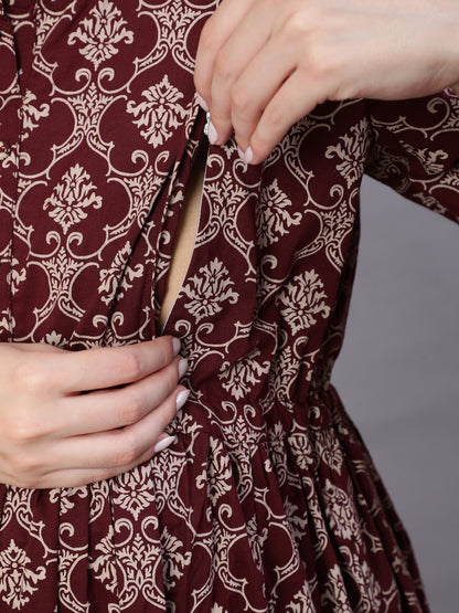 Burgundy Printed Flared Maternity Dress Dupatta