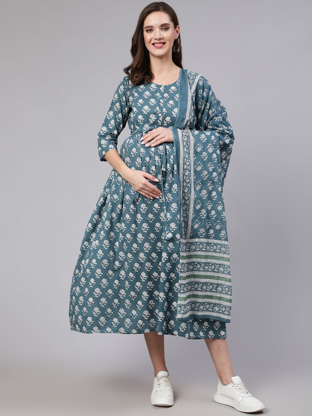 Blue Printed Flared Maternity Dress With Dupatta