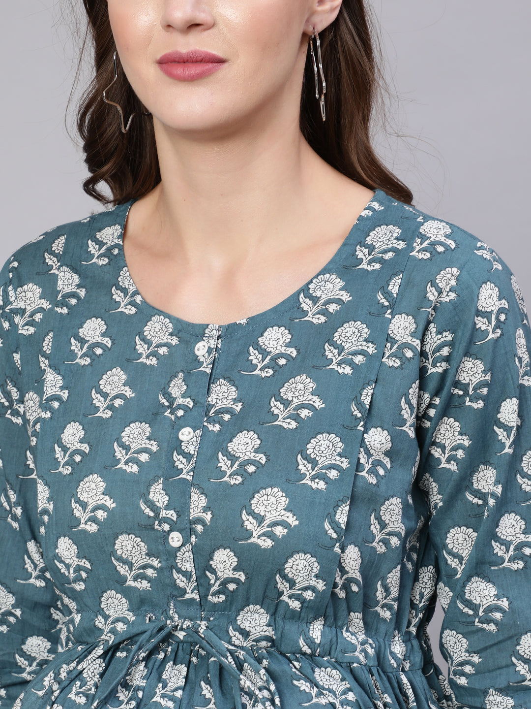 Blue Printed Flared Maternity Dress With Dupatta