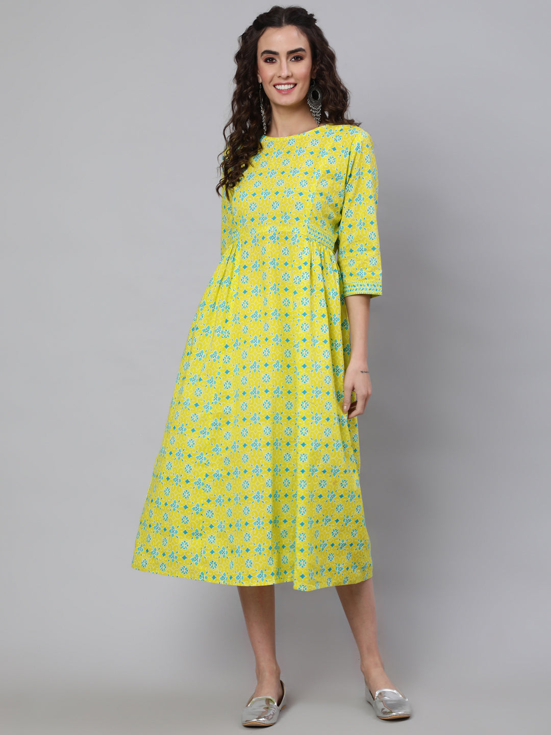 Yellow Ethnic Printed Flared Dress With Three Quarter Sleeves