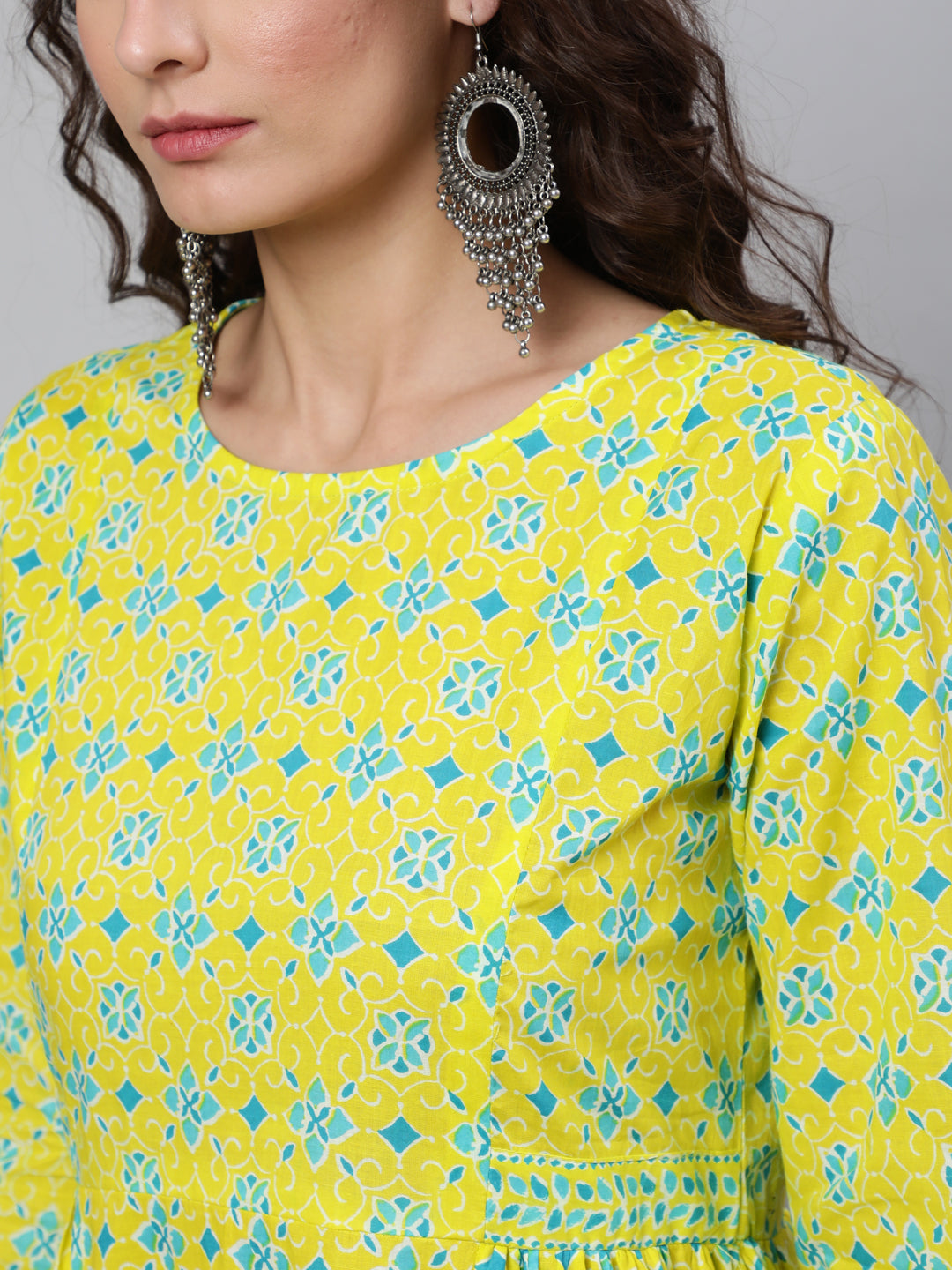 Yellow Ethnic Printed Flared Dress With Three Quarter Sleeves