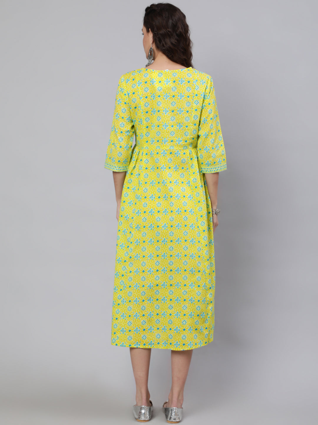 Yellow Ethnic Printed Flared Dress With Three Quarter Sleeves
