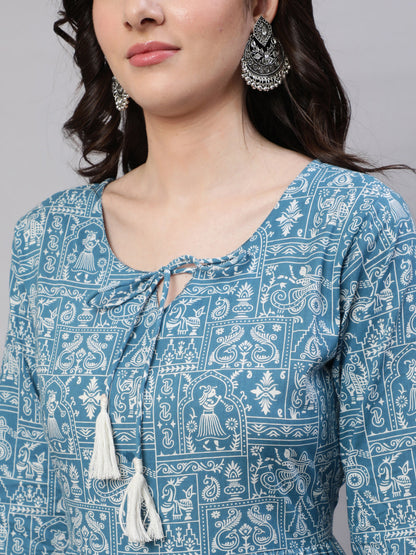 Blue Ethnic Printed Tired Dress With Tie Up Neck
