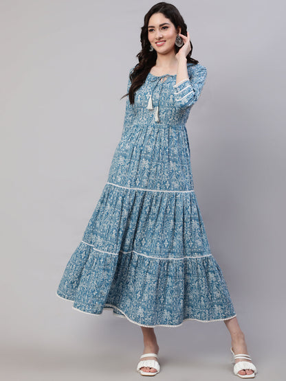 Blue Ethnic Printed Tired Dress With Tie Up Neck
