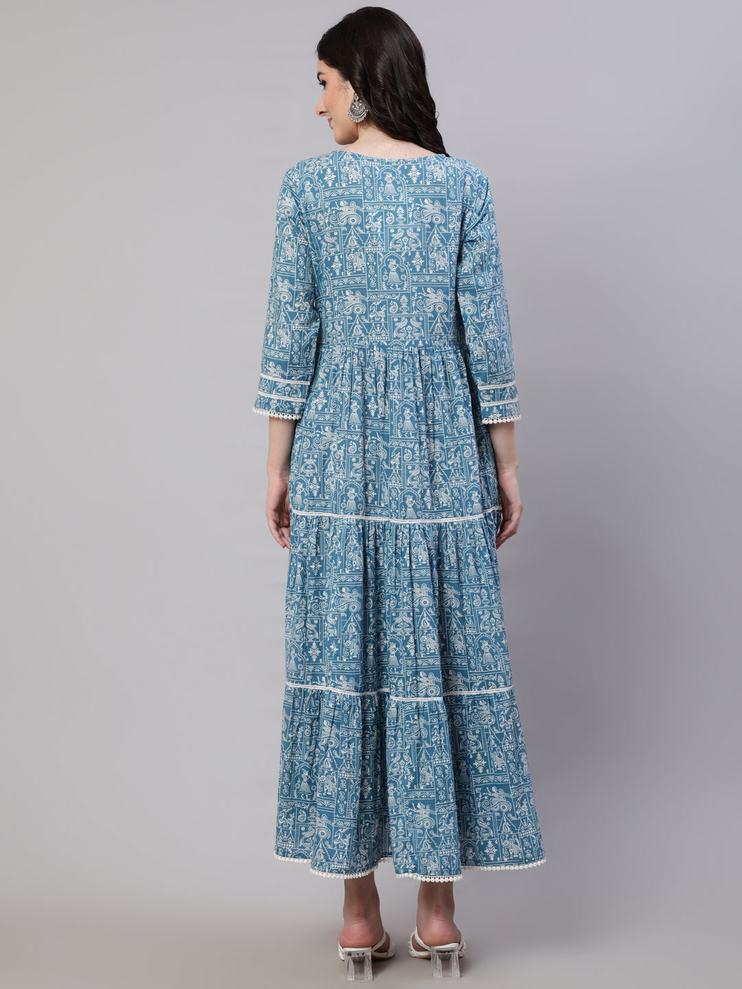 Blue Ethnic Printed Tired Dress With Tie Up Neck