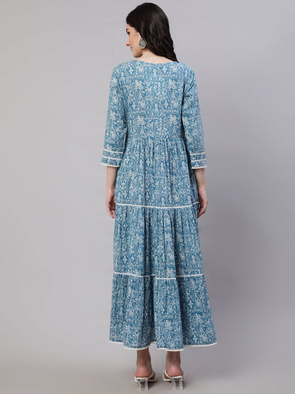 Blue Ethnic Printed Tired Dress With Tie Up Neck
