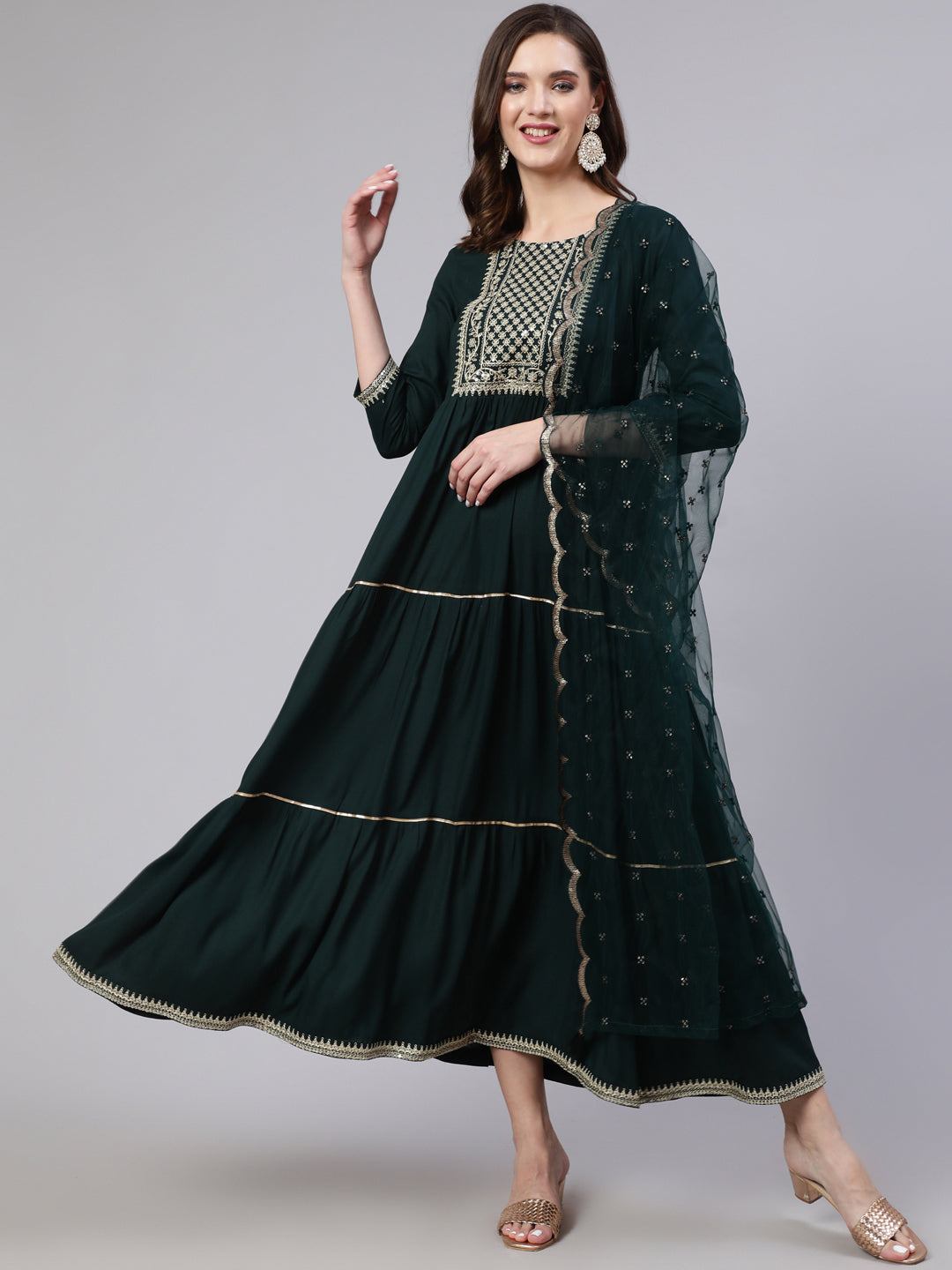 Green Embroidered Flared Dress With Net Dupatta