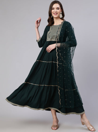 Green Embroidered Flared Dress With Net Dupatta