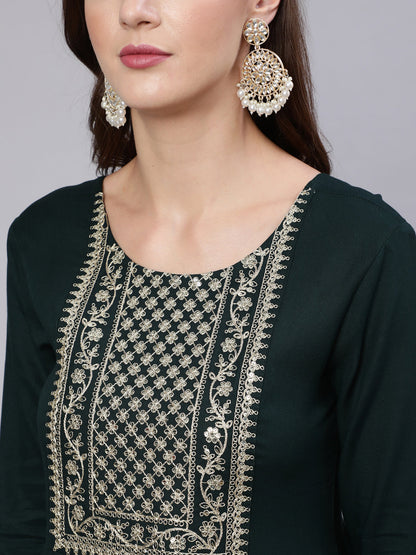 Green Embroidered Flared Dress With Net Dupatta