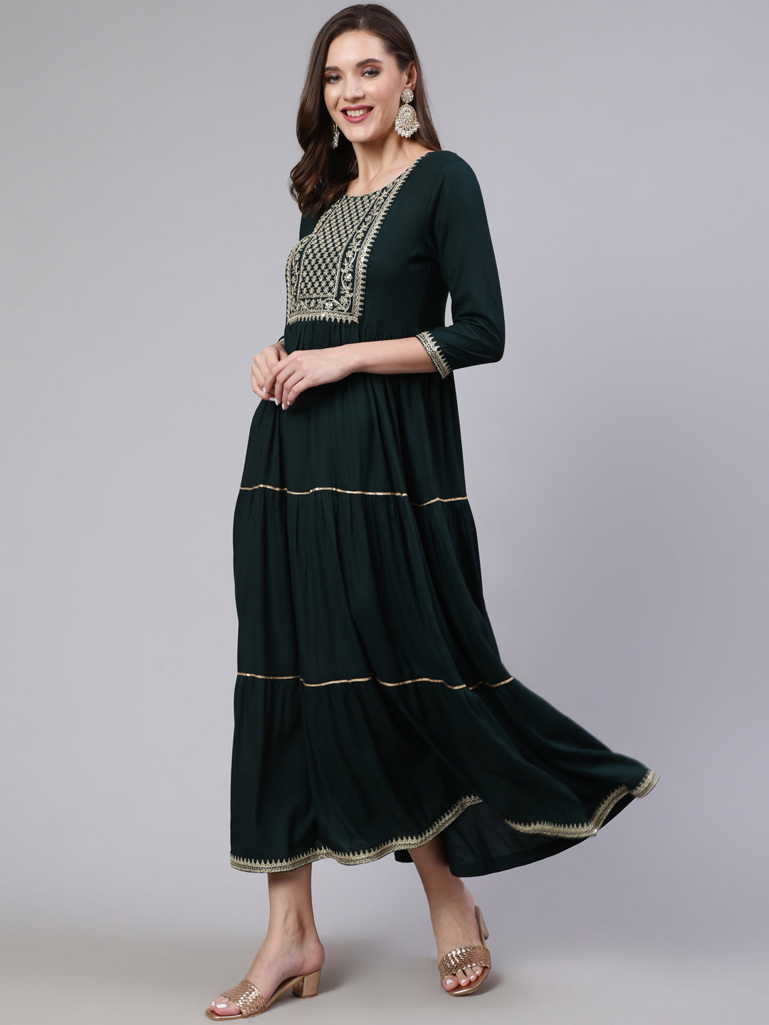 Green Embroidered Flared Dress With Net Dupatta