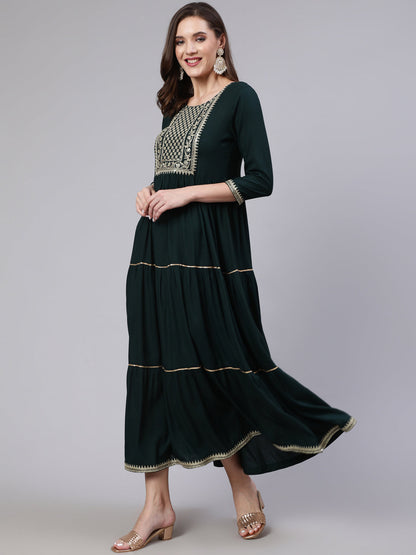 Green Embroidered Flared Dress With Net Dupatta