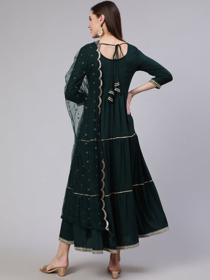 Green Embroidered Flared Dress With Net Dupatta