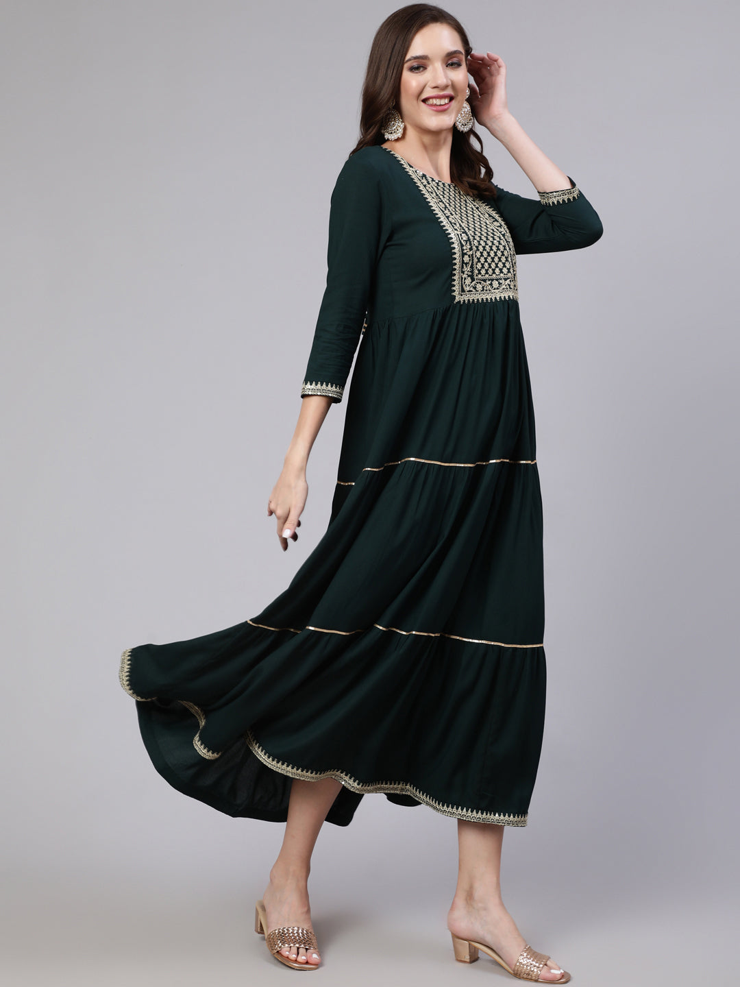 Green Embroidered Flared Dress With Net Dupatta