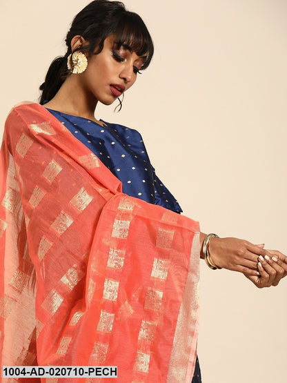 Peach-Coloured & Gold-Toned Woven Design Dupatta