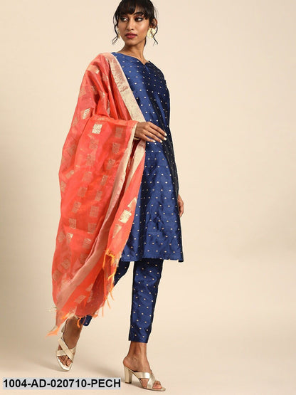 Peach-Coloured & Gold-Toned Woven Design Dupatta