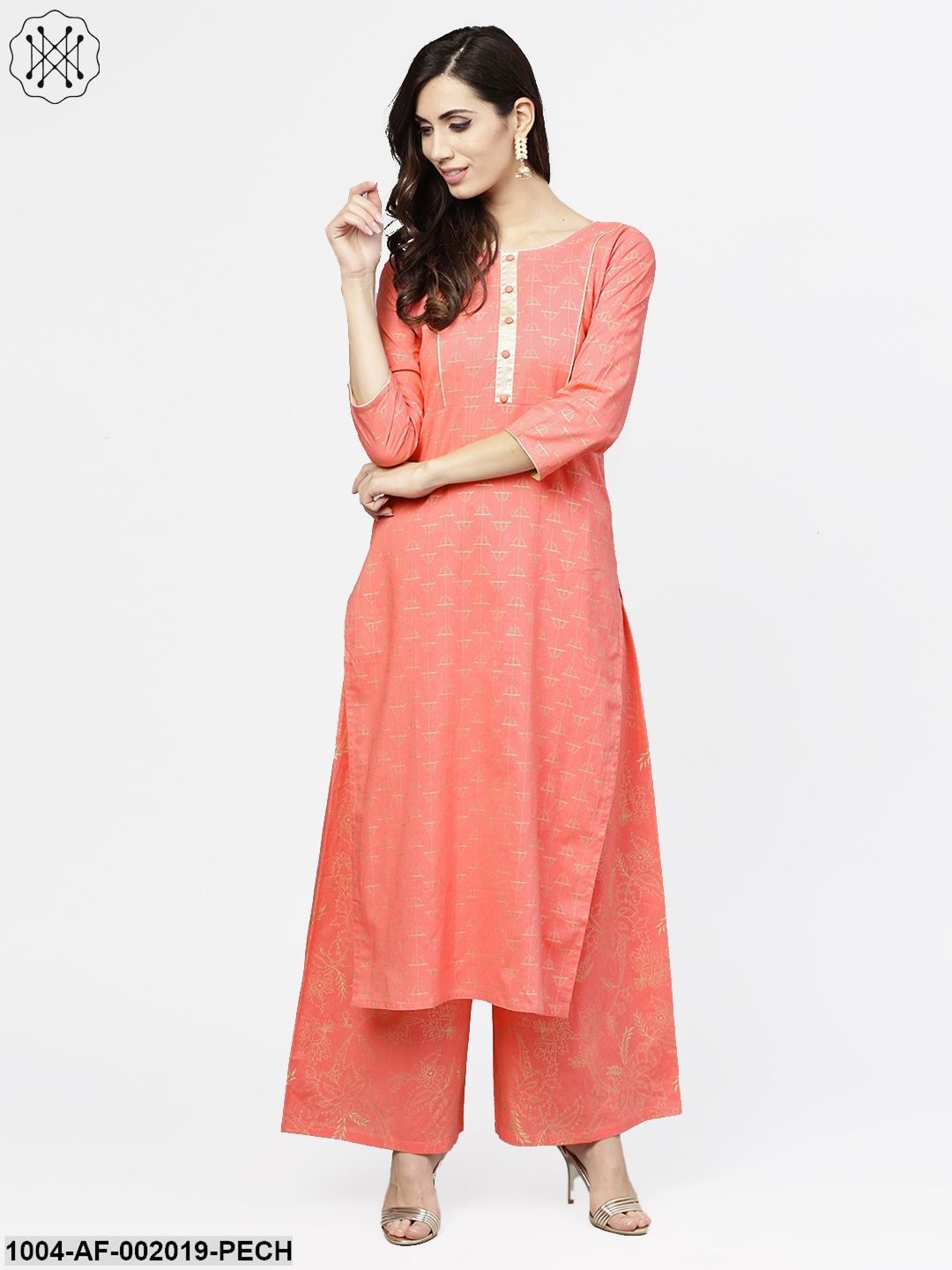 Peach Printed 3/4Th Sleeve Cotton Kurta With Flared Ankle Length Palazzo