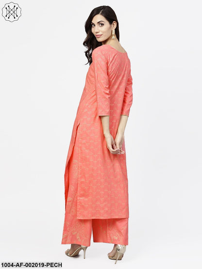 Peach Printed 3/4Th Sleeve Cotton Kurta With Flared Ankle Length Palazzo