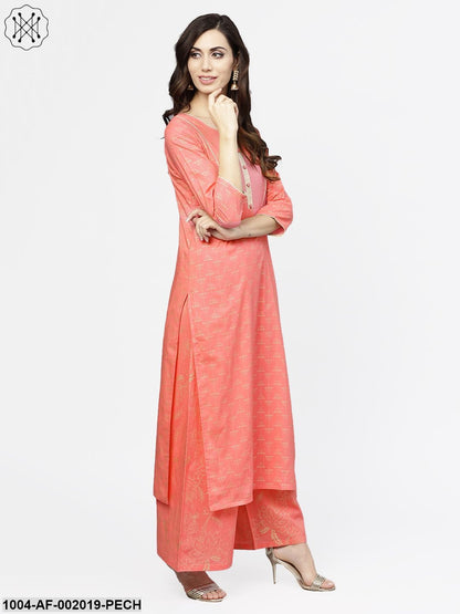 Peach Printed 3/4Th Sleeve Cotton Kurta With Flared Ankle Length Palazzo