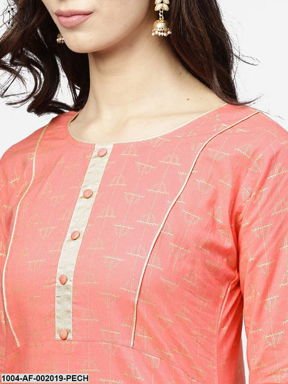Peach Printed 3/4Th Sleeve Cotton Kurta With Flared Ankle Length Palazzo