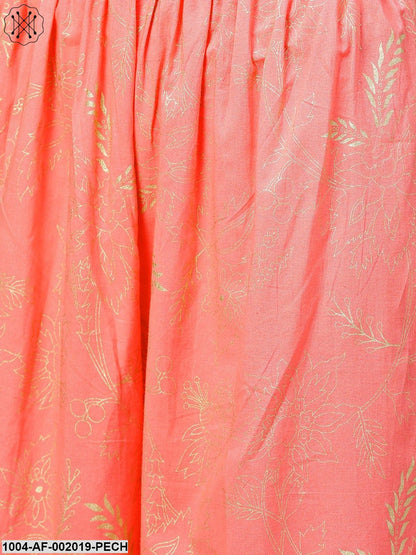 Peach Printed 3/4Th Sleeve Cotton Kurta With Flared Ankle Length Palazzo