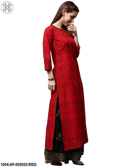 Red Printed 3/4Th Sleeve Cotton Kurta With Green Printed Palazzos