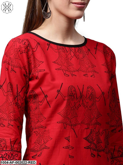 Red Printed 3/4Th Sleeve Cotton Kurta With Green Printed Palazzos