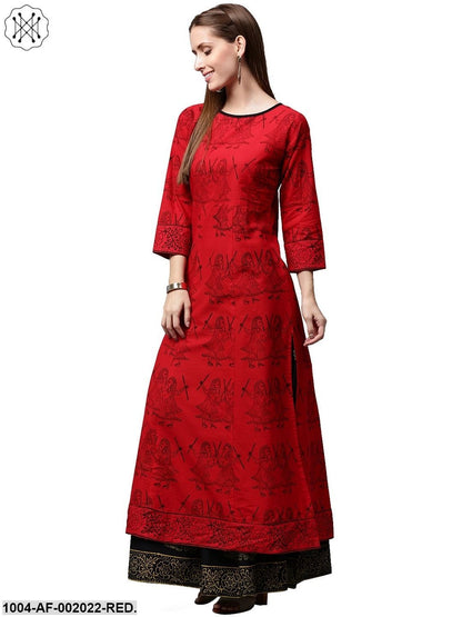 Red Printed 3/4Th Sleeve Cotton Kurta With Green Printed Palazzos