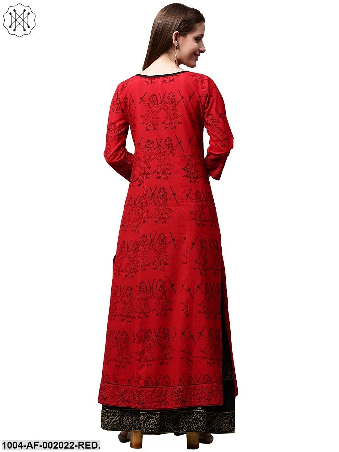 Red Printed 3/4Th Sleeve Cotton Kurta With Green Printed Palazzos