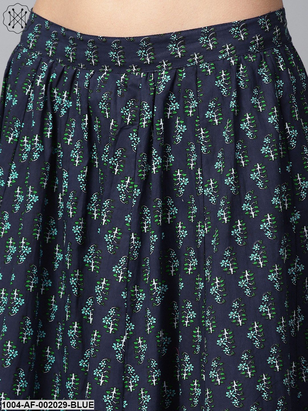 Green Sleeveless Cotton Straight Kurta With Blue Printed Skirt