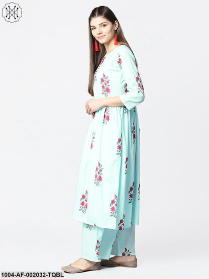 Turquoise Blue Printed 3/4Th Sleeve Cotton Anarkali Kurta With Printed Palazzo